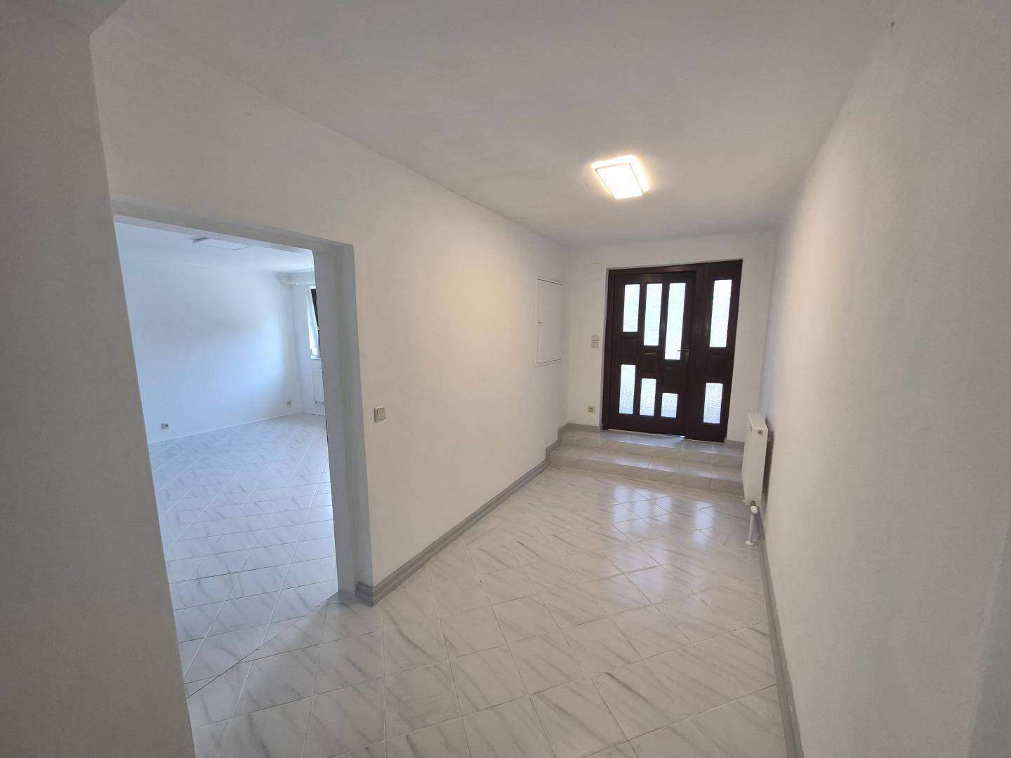 Eingangsbereich mit gefliestem Boden, dunkler Haustür und Blick in angrenzende, leere Zimmer.