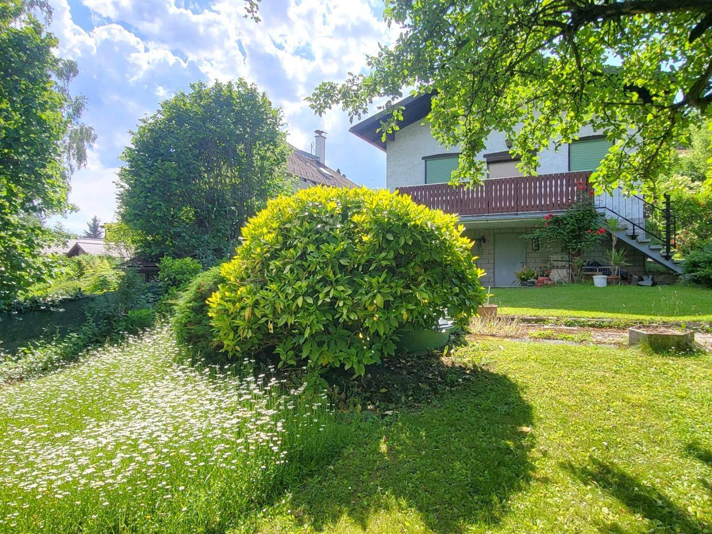 Weitläufiger Garten mit blühenden Wiesen, Sträuchern und dem Haus im Hintergrund.