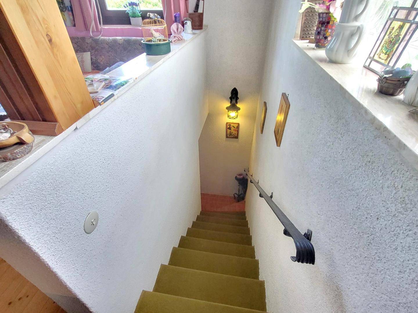 Treppenhaus mit Teppichstufen und Handlauf, führt in die untere Etage.