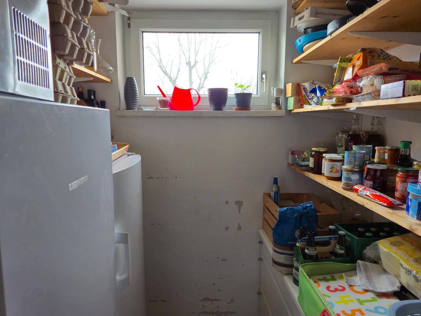 Praktische Speisekammer mit Regalen, Kühlschrank und Fenster für natürliche Belüftung.