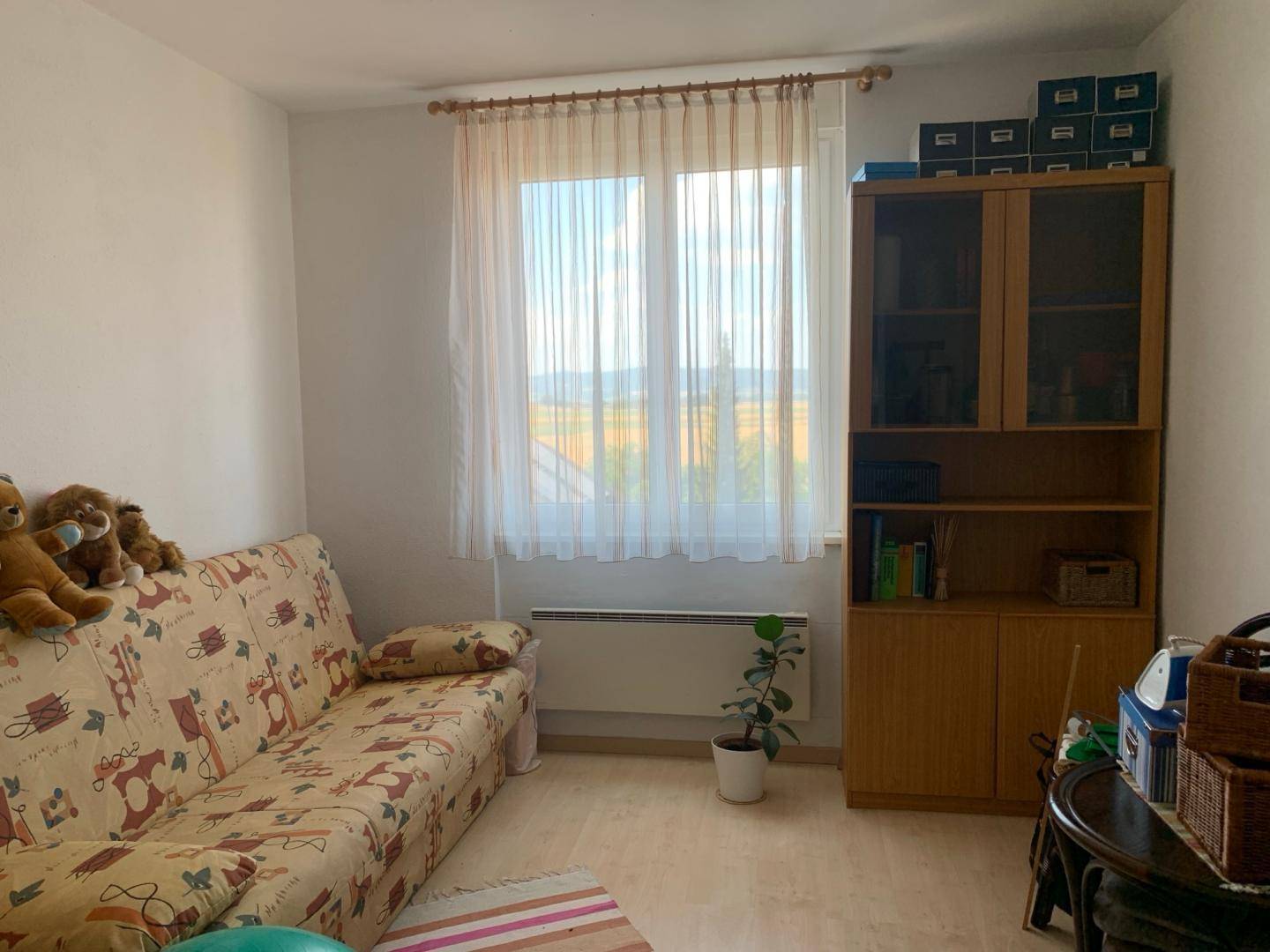 Helles Zimmer mit Schlafsofa, Holzschrank und Fenster mit weitem Blick ins Grüne.