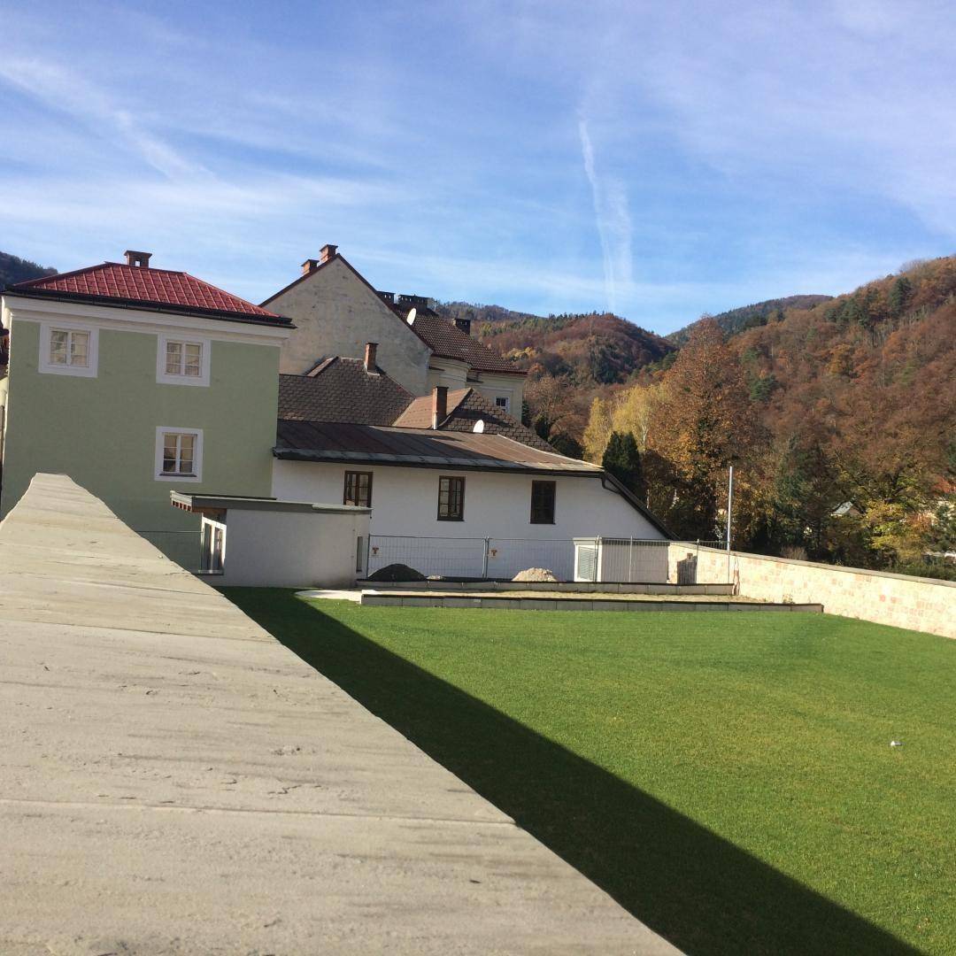 Gepflegte Rasenfläche hinter dem Gebäude mit Blick auf bewaldete Hügel und Berge.