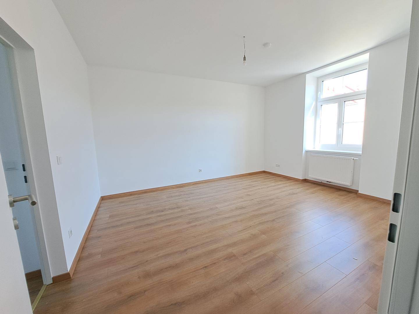 Geräumiger, heller Raum mit Laminatboden und einem großen Fenster, ideal für Wohnzwecke.