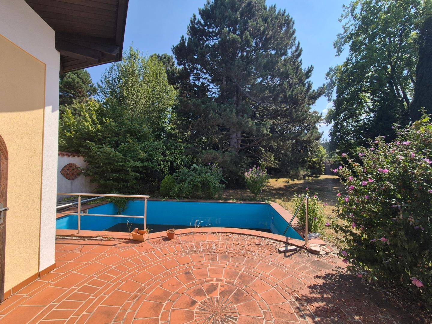 Kleiner Poolbereich mit gefliester Terrasse und Blick in den verwilderten Garten.