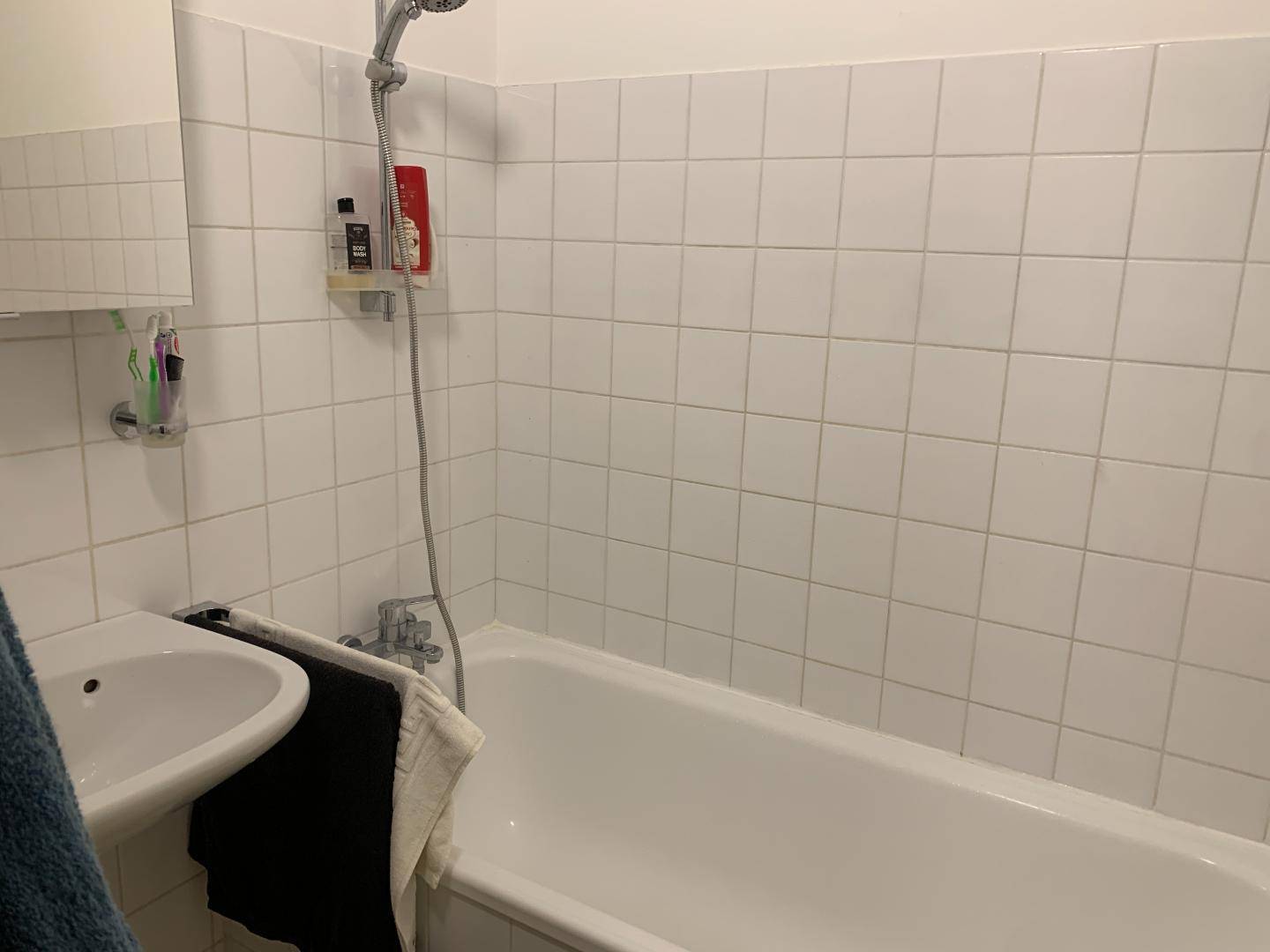 Badezimmer mit weiß gefliesten Wänden, Badewanne und integrierter Dusche.