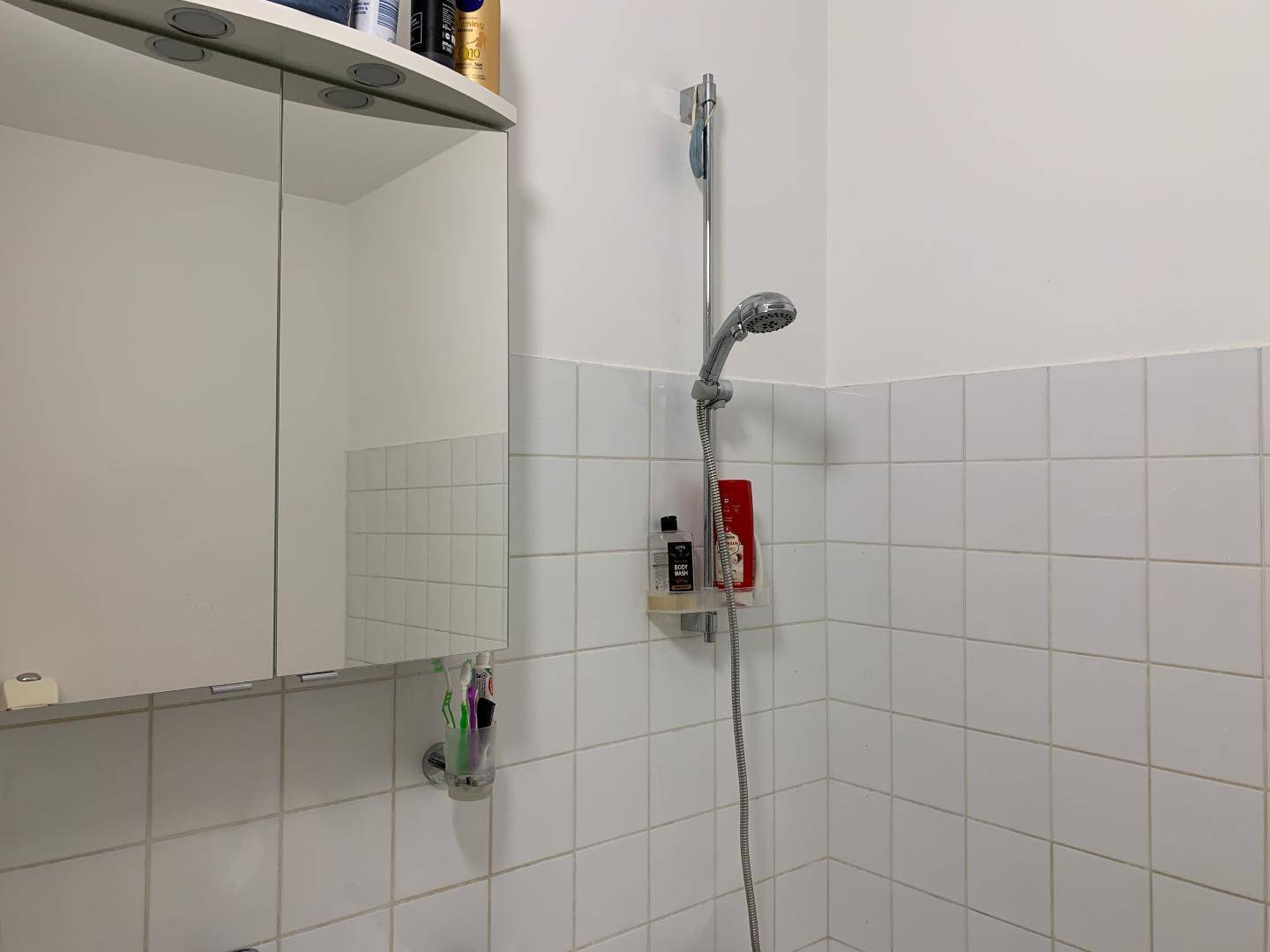 Weiß gefliestes Badezimmer mit Duschkopf über der Badewanne und Spiegelschrank.