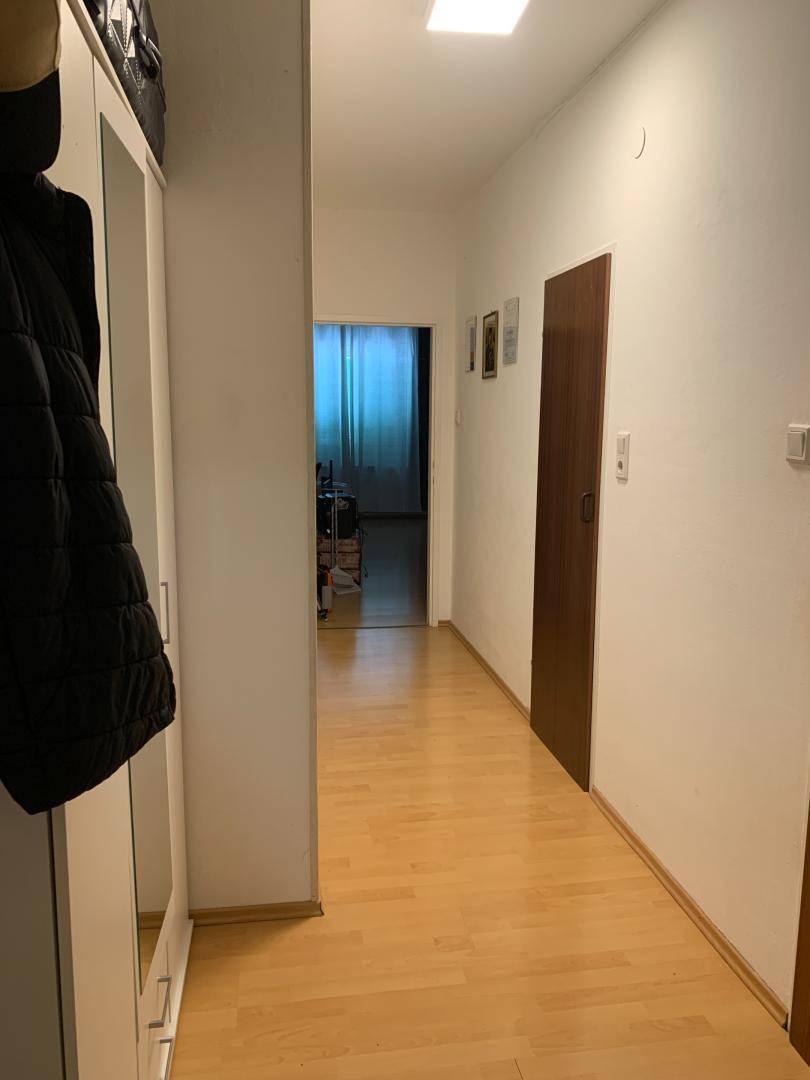 Heller Flur mit Parkettboden und Garderobenschrank, der zu weiteren Räumen führt.