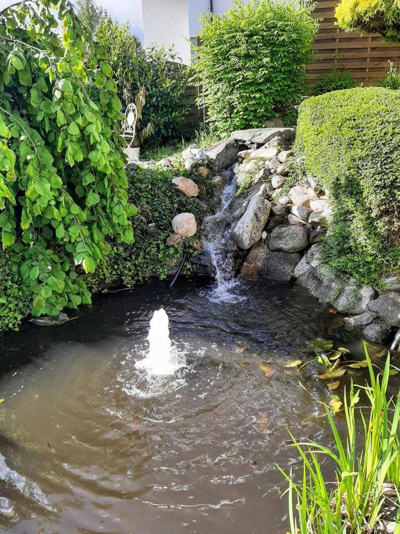 Malerischer Gartenbereich mit einem Teich, Wasserfall und dekorativem Springbrunnen.