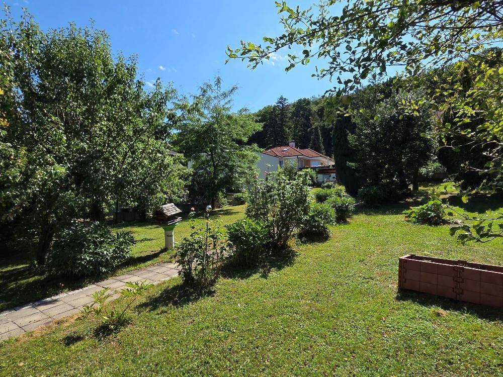 Gepflegter Garten mit Rasen, Sträuchern und einem Vogelhäuschen unter blauem Himmel.