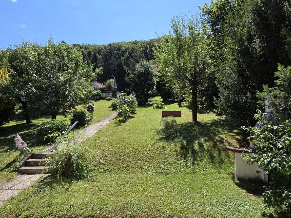 Weitläufiger Garten mit einem gepflasterten Weg, umgeben von üppigem Grün und Bäumen.