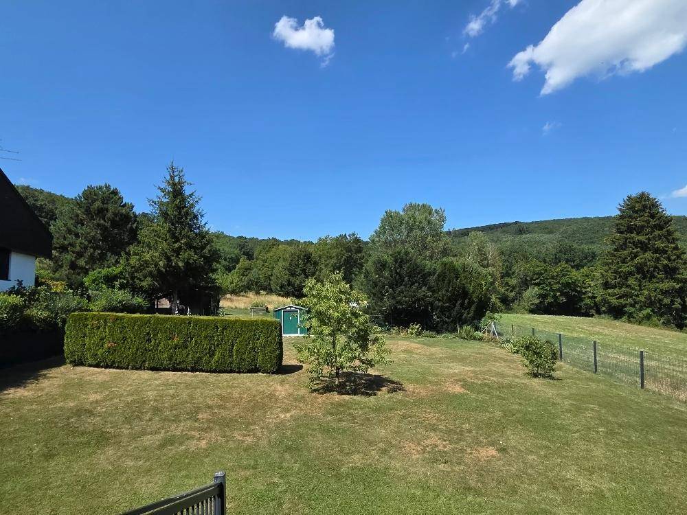 Weitläufiger Garten mit Rasenfläche, Bäumen, Gartenhaus und Blick auf die grüne Landschaft.