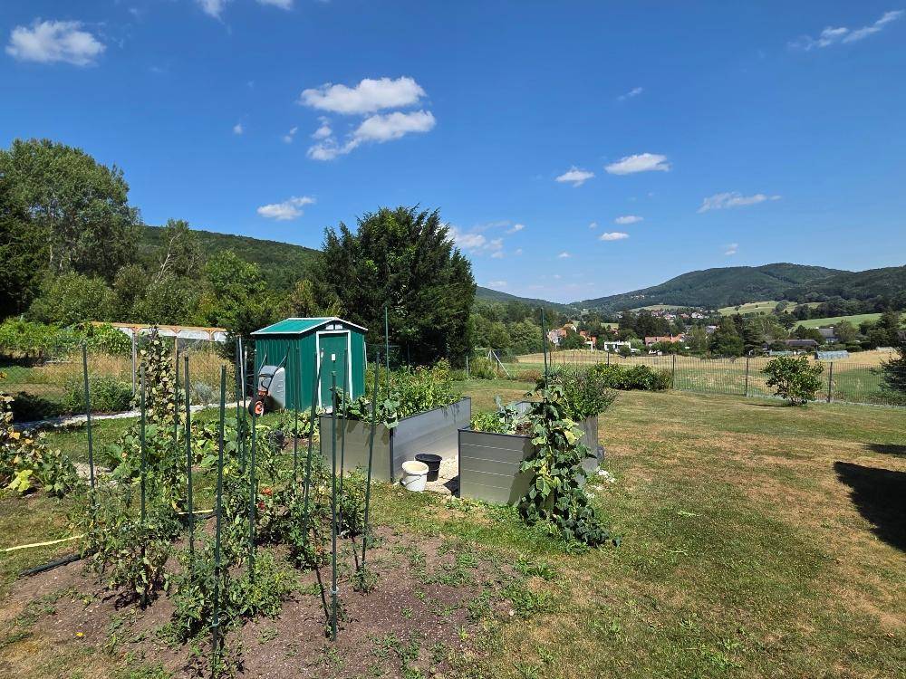 Sonnige Gartenanlage mit Hochbeeten, Geräteschuppen und weitem Blick ins Grüne.