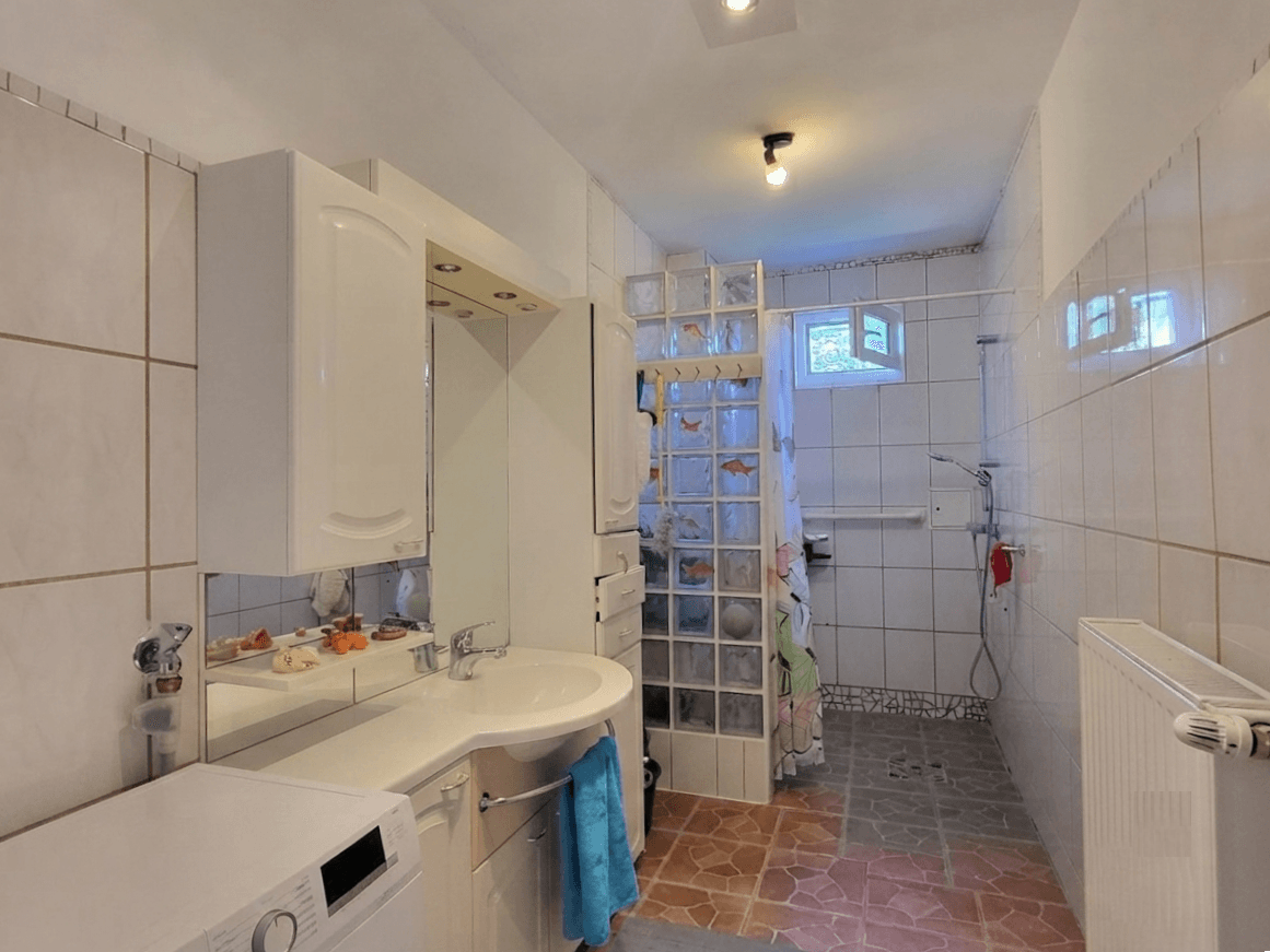 Gefliestes Badezimmer mit Dusche, Waschbecken, Spiegelschrank und Waschmaschine.