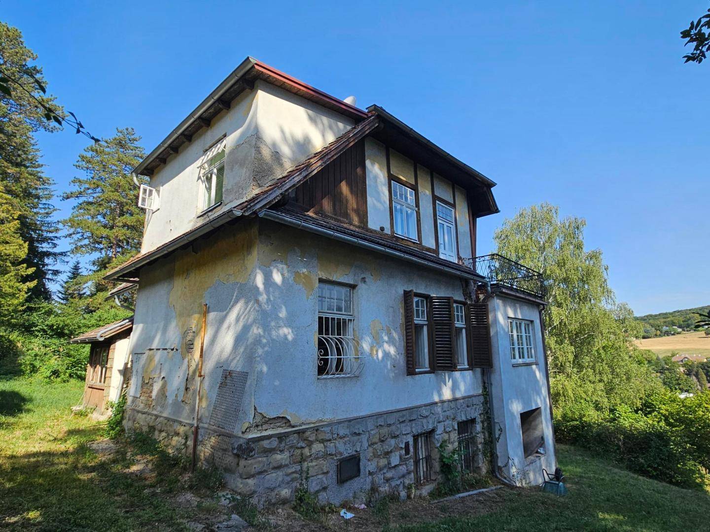 Seitenansicht des historischen Gebäudes mit verwitterter Fassade und Holzelementen, umgeben von Natur.