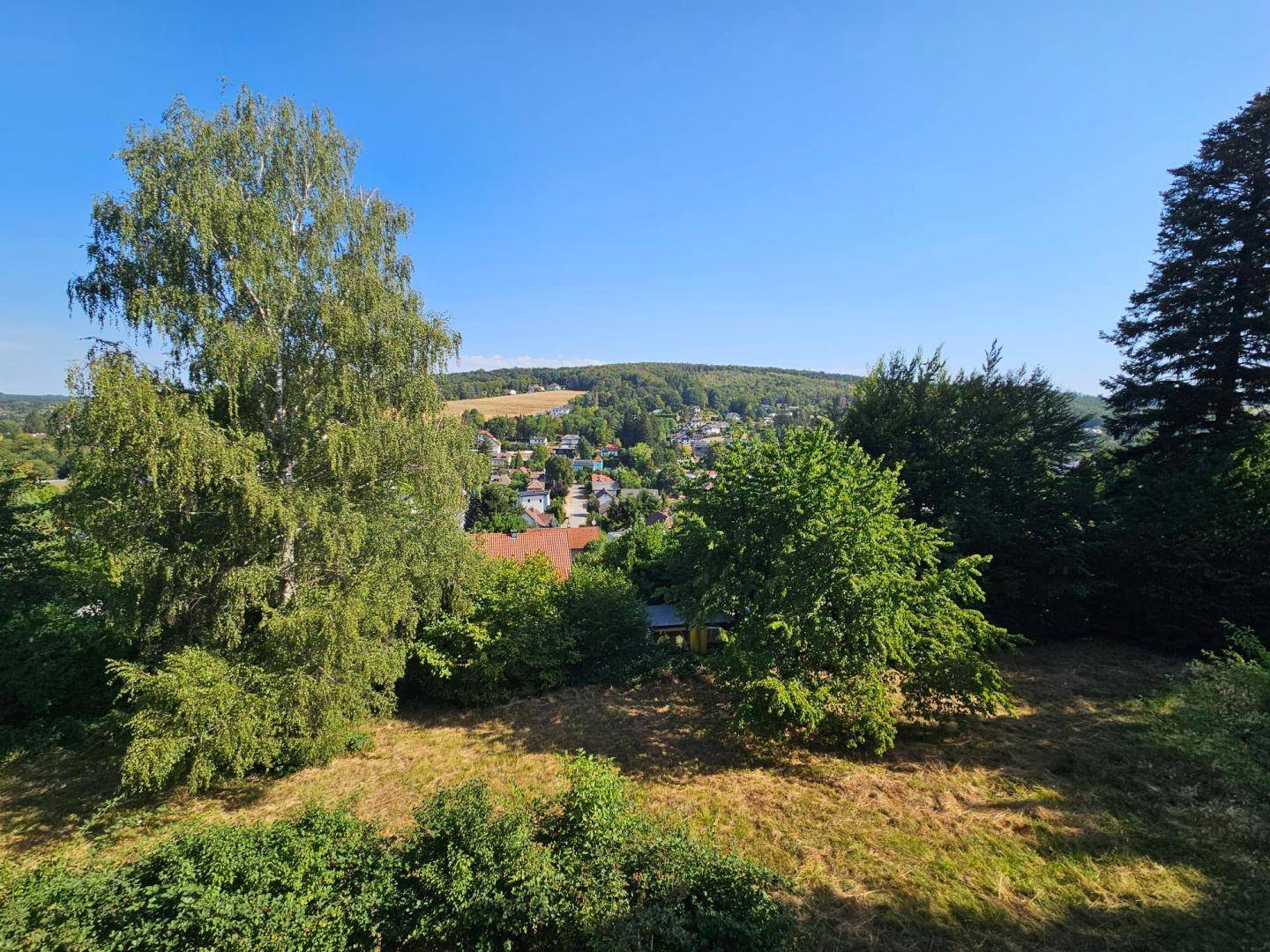 Weitläufiger Blick über eine grüne Landschaft mit einem Dorf in der Ferne unter blauem Himmel.