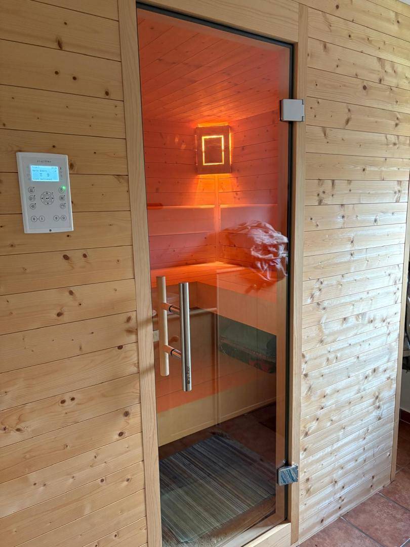 Moderne Sauna mit Holzverkleidung und Glastür für Entspannung.