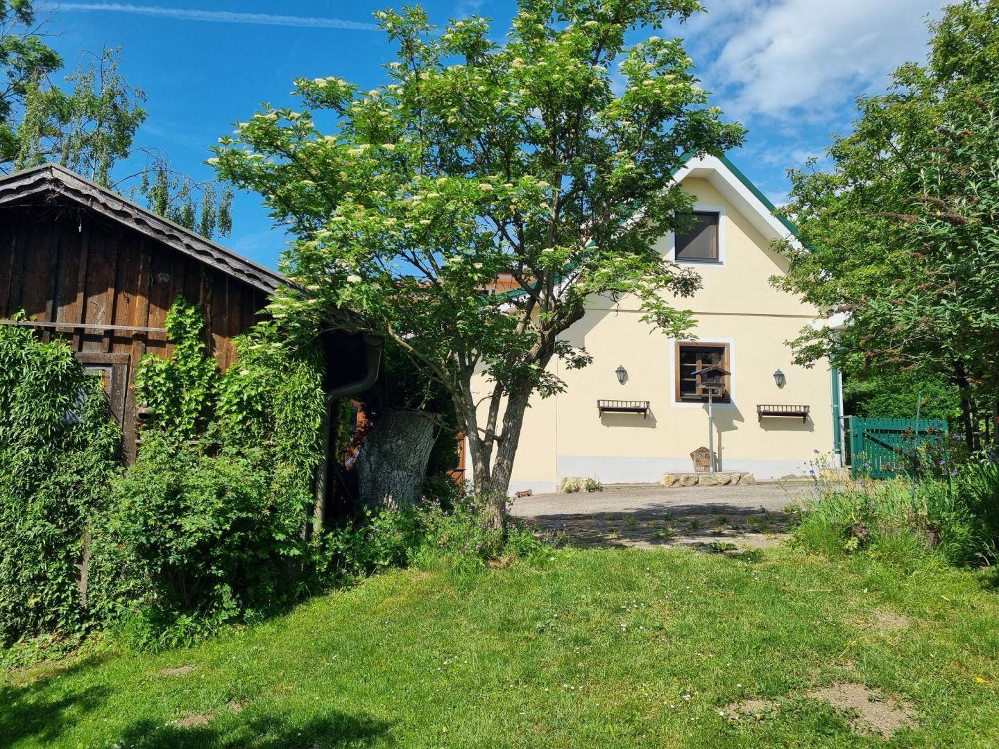 Gelbes Wohnhaus mit grünem Dach und einem rustikalen Holzschuppen im Grünen.