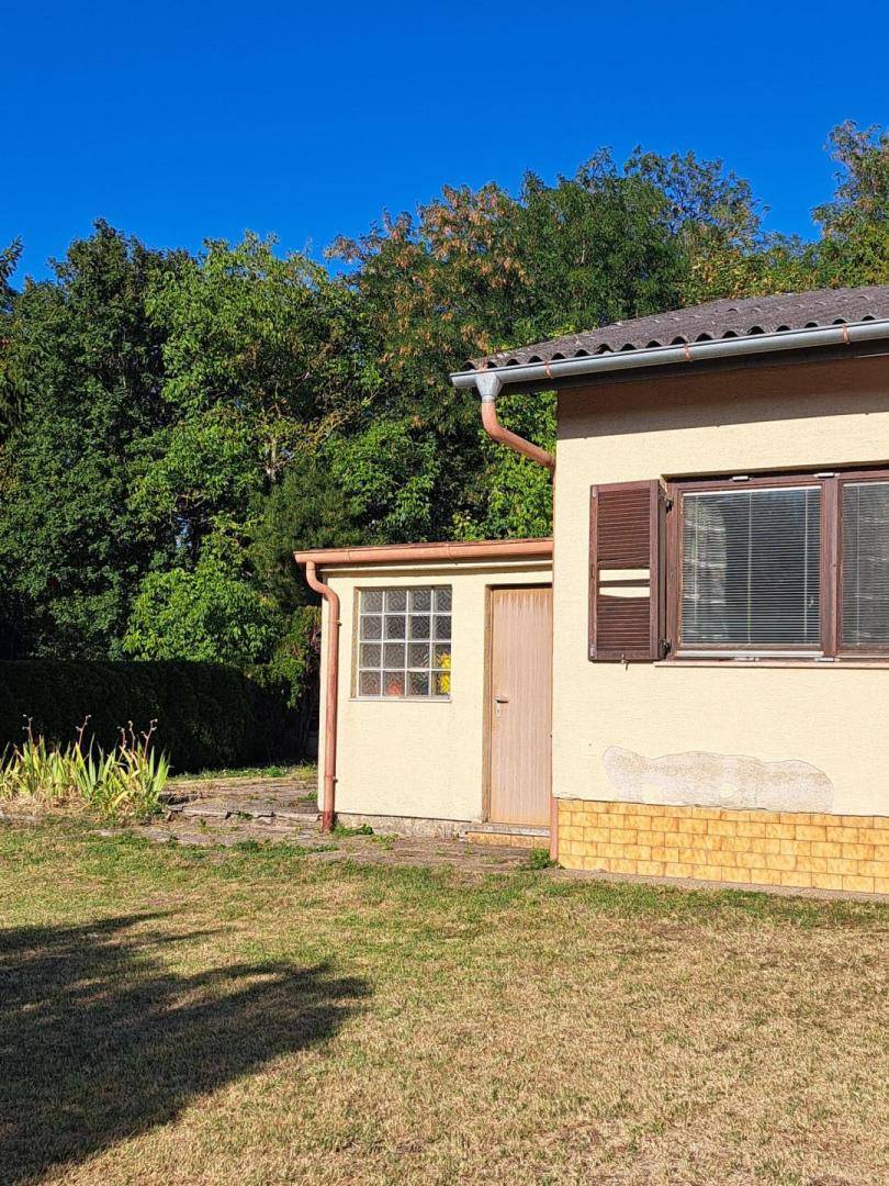 Seitenansicht des Hauses mit Anbau, Fenstern und einem gepflegten Gartenbereich.