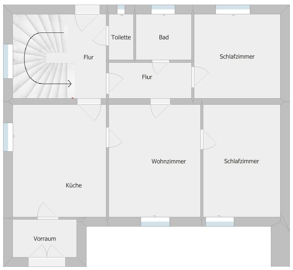 Grundriss des Erdgeschosses mit Küche, Wohnzimmer, Schlafzimmer und Bad.