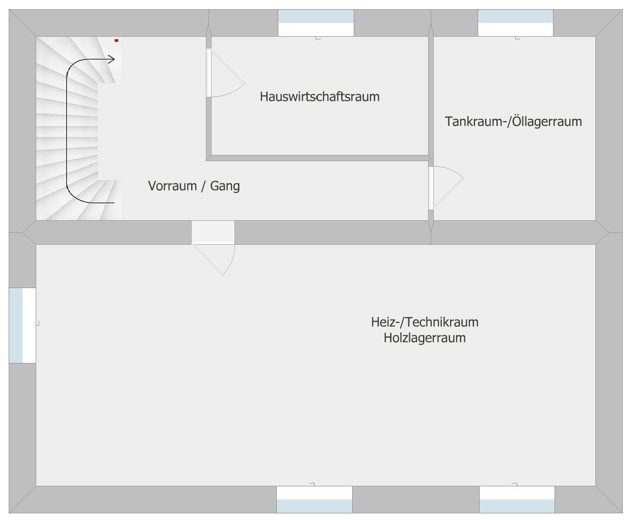 Grundriss des Untergeschosses mit Hauswirtschaftsraum und Technikräumen.