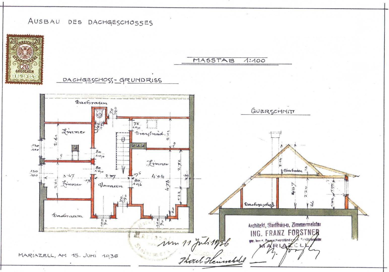 Historischer Dachgeschoss-Grundriss und Querschnitt des Gebäudes von 1936.