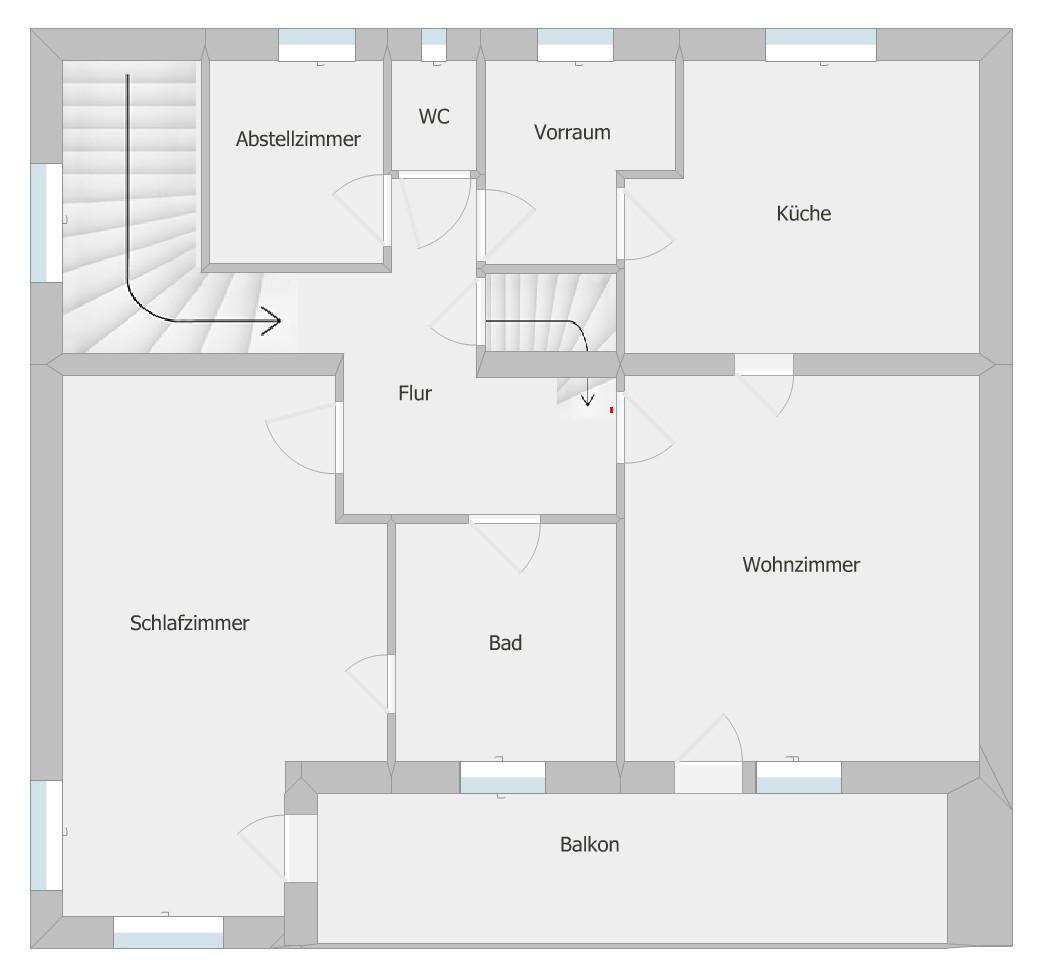Grundriss des Obergeschosses mit Schlafzimmer, Bad, Abstellraum und Balkon.