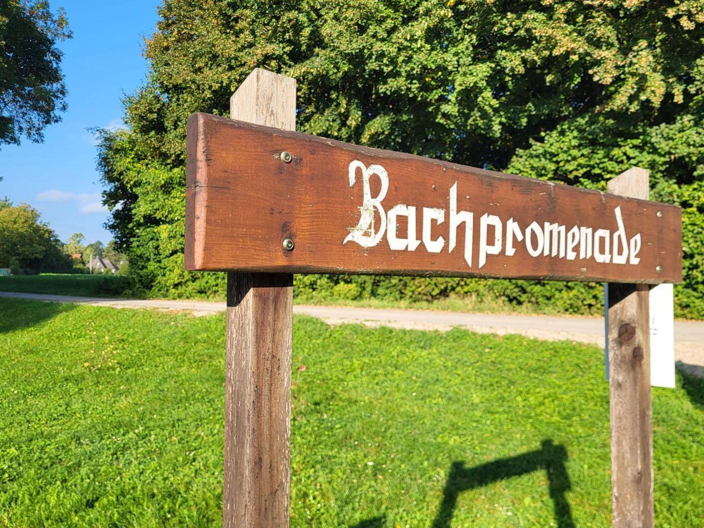 Rustikales Holzschild mit der Aufschrift 'Bachpromenade' an einem grünen Wegesrand.