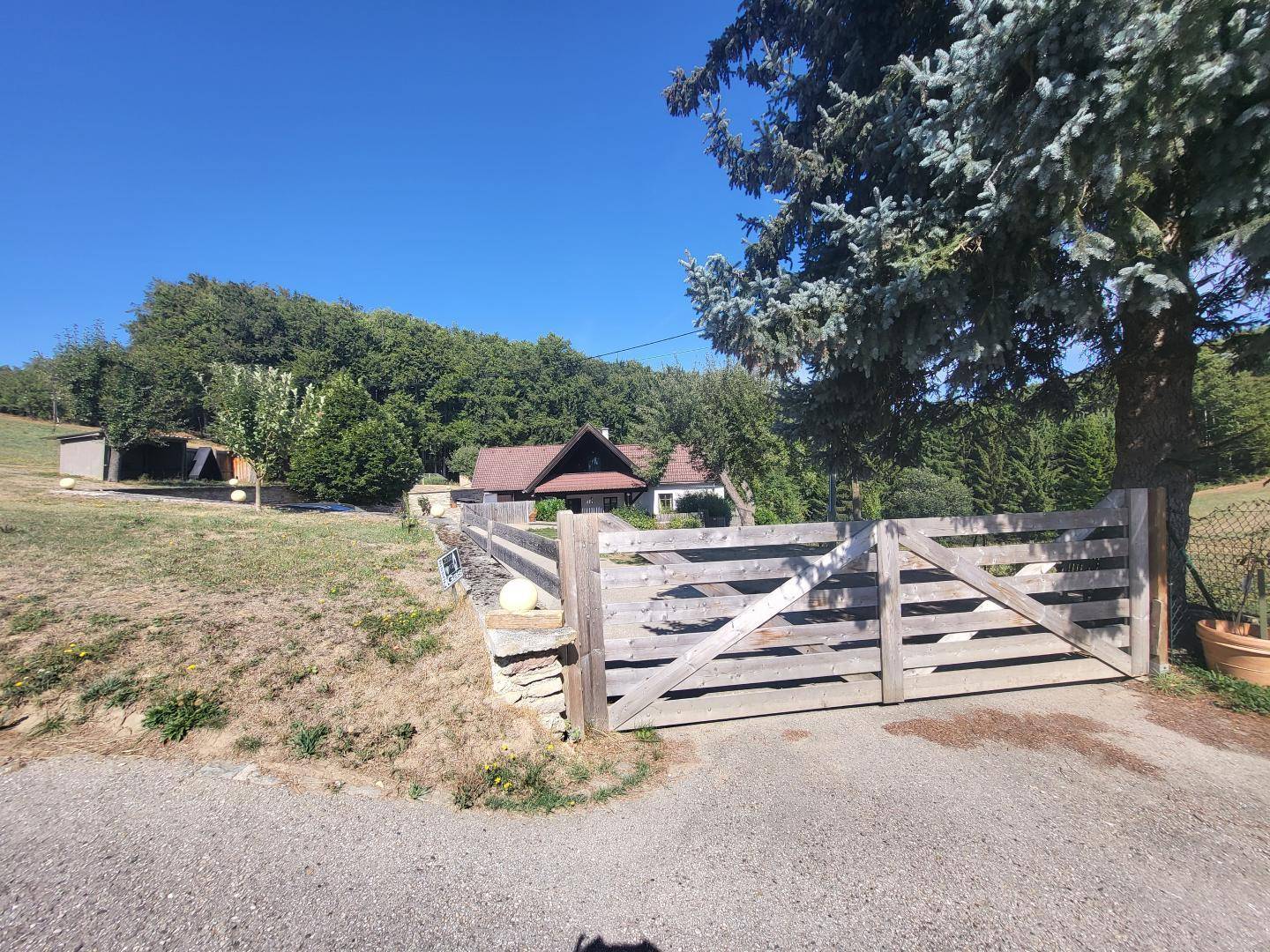 Blick von einem Feldweg auf das Anwesen mit Holztor, umgeben von Bäumen und ländlicher Idylle.
