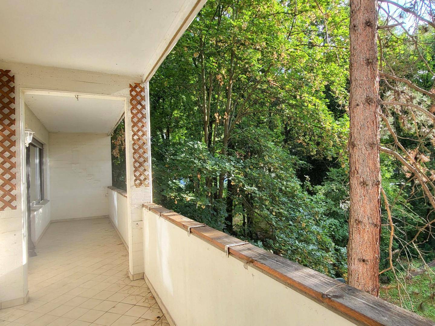 Geräumiger Balkon mit Fliesenboden und Blick auf üppiges Grün und hohe Bäume.