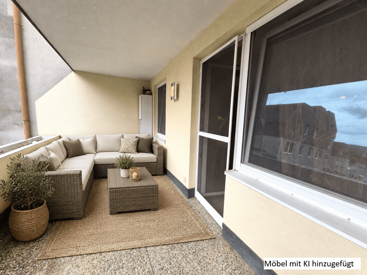 Möblierter Balkon mit Lounge-Sofa und Couchtisch, künstlich hinzugefügt.