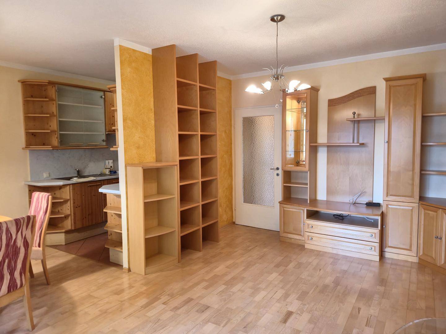 Geräumiger Wohnbereich mit Holzregalen, TV-Möbeln und Zugang zur Küche.