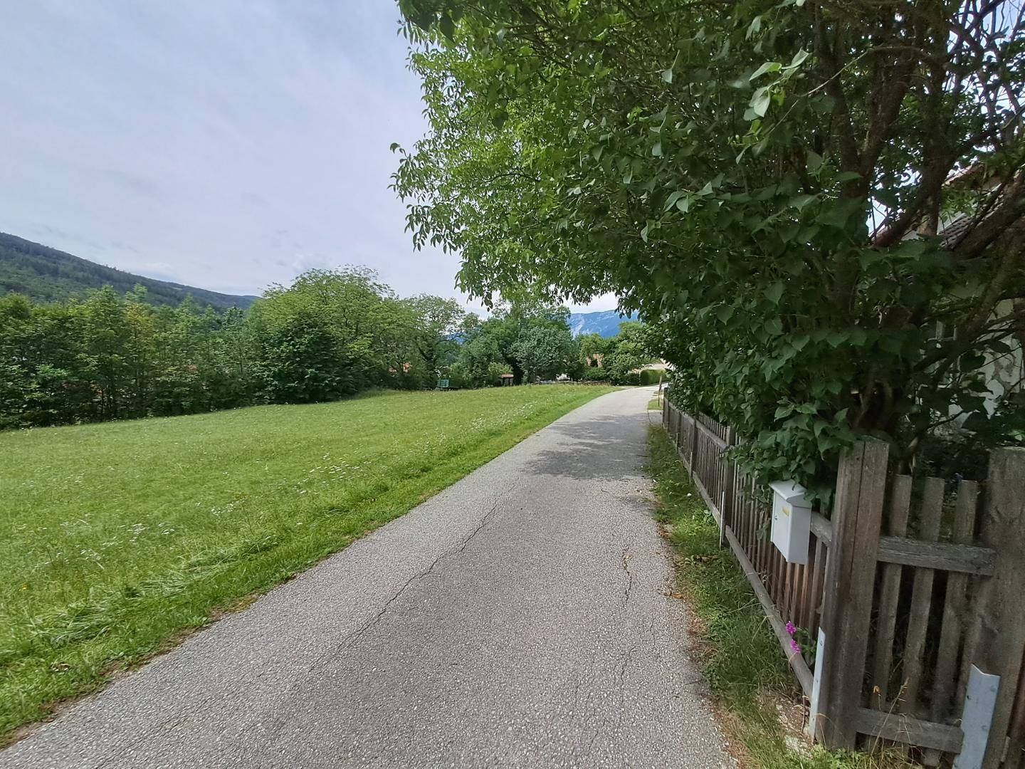 Ländlicher Weg neben einer grünen Wiese und einem Holzzaun unter bewölktem Himmel.