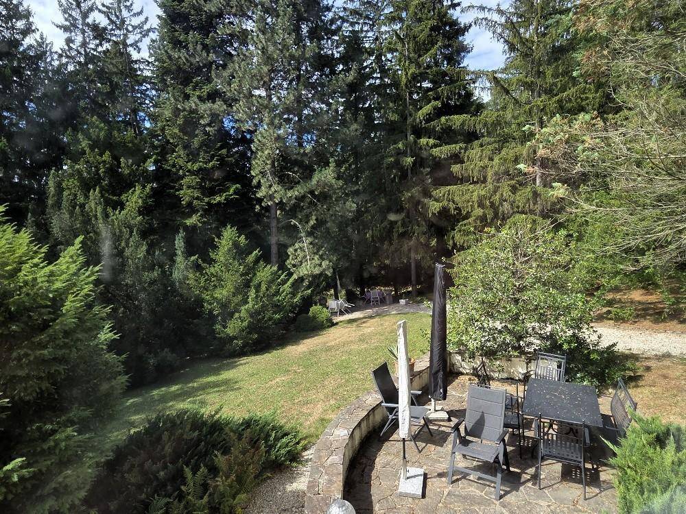 Gemütliche Terrasse mit Gartenmöbeln, umgeben von üppigem Grün und Bäumen.