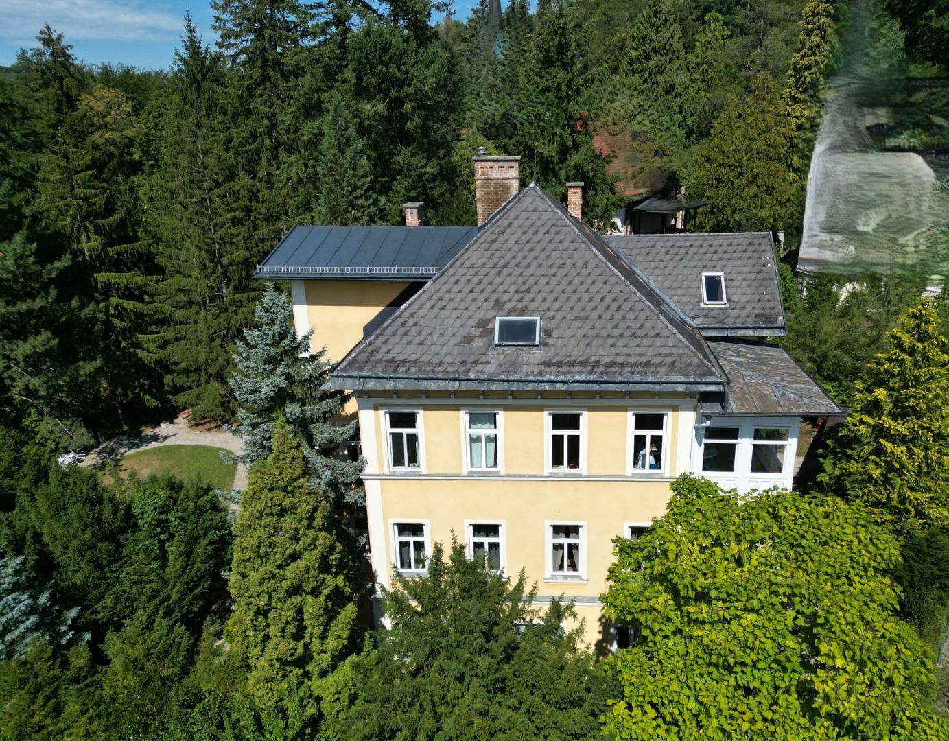 Rückansicht der historischen Villa, eingebettet in eine grüne, bewaldete Umgebung.