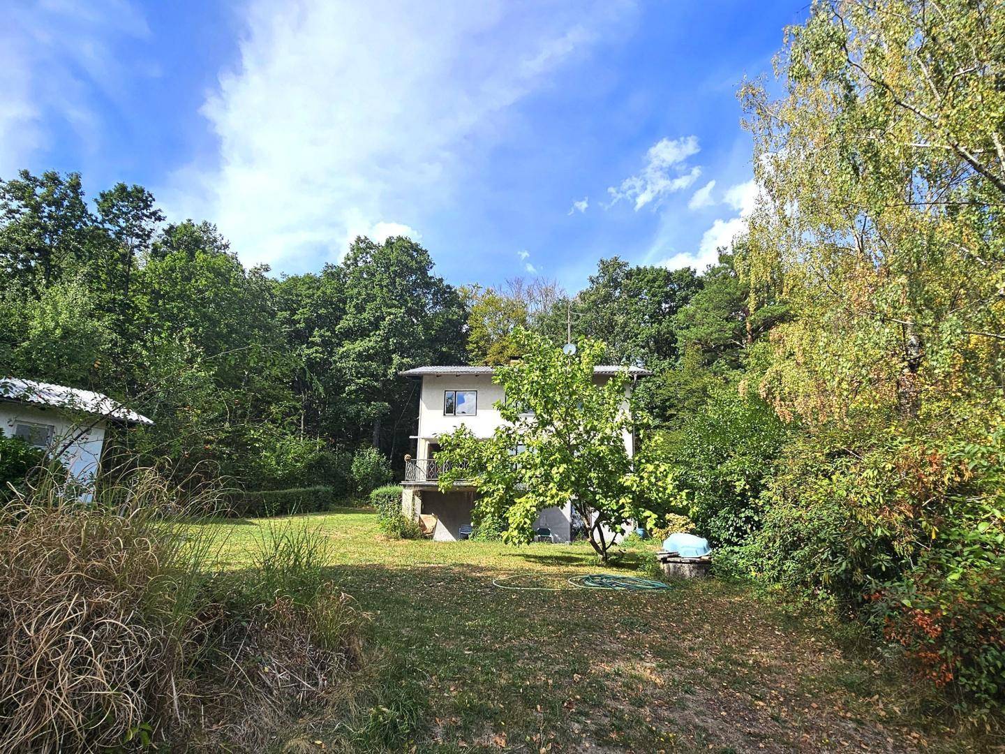 Das Haus ist von einem großen, naturbelassenen Garten umgeben, mit Bäumen und Sträuchern im Vordergrund.