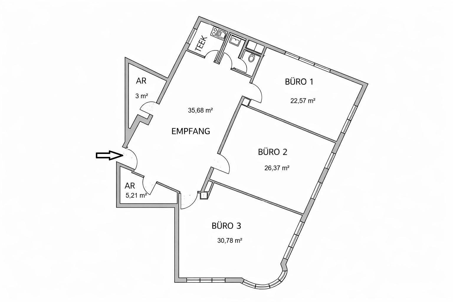 Grundrissplan einer Gewerbefläche mit Empfangsbereich und drei Büros, inklusive Teeküche und WC.