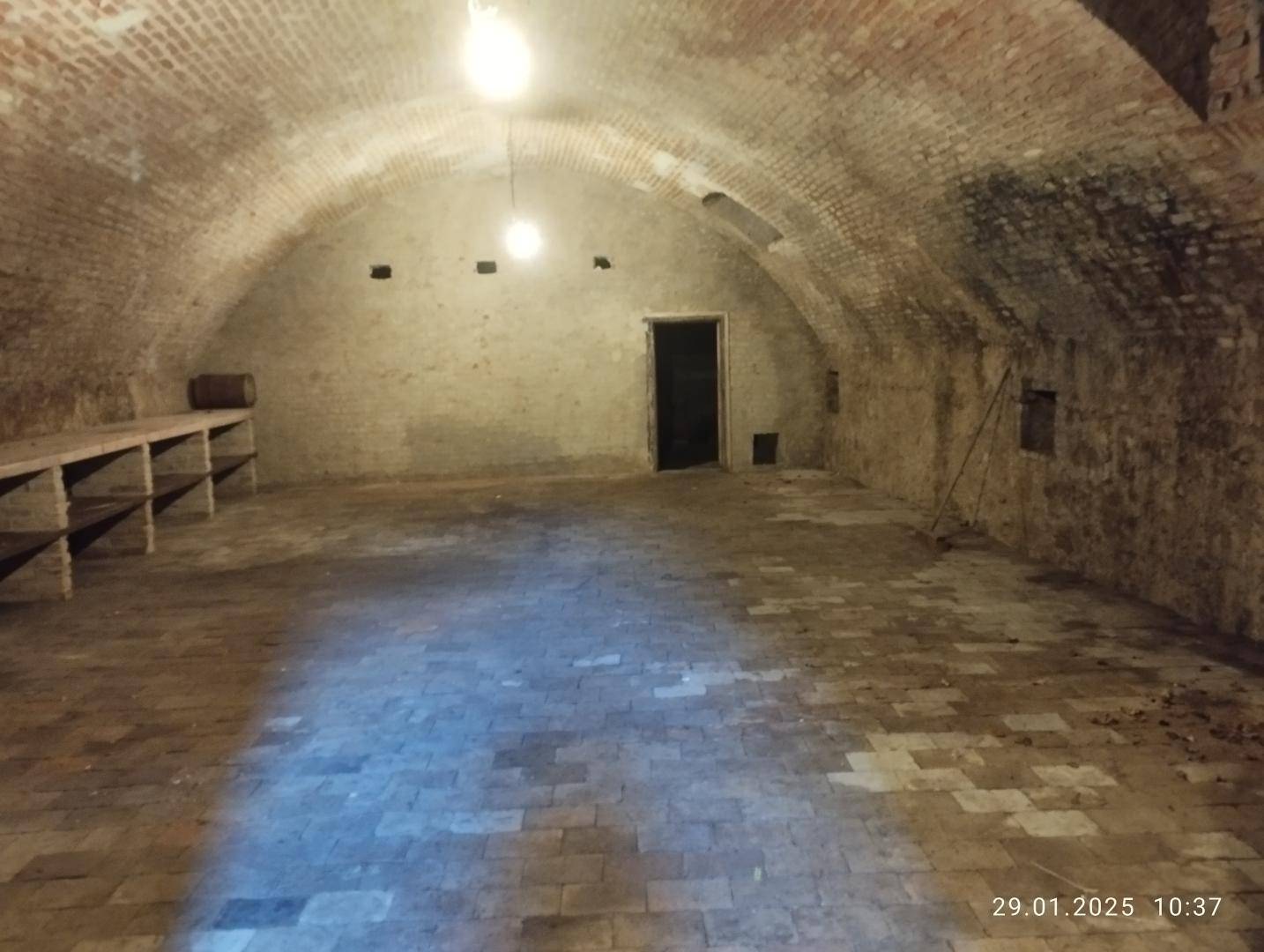 Geräumiger Gewölbekeller mit Ziegelwänden und Lagerregalen, ideal für Weinlagerung.