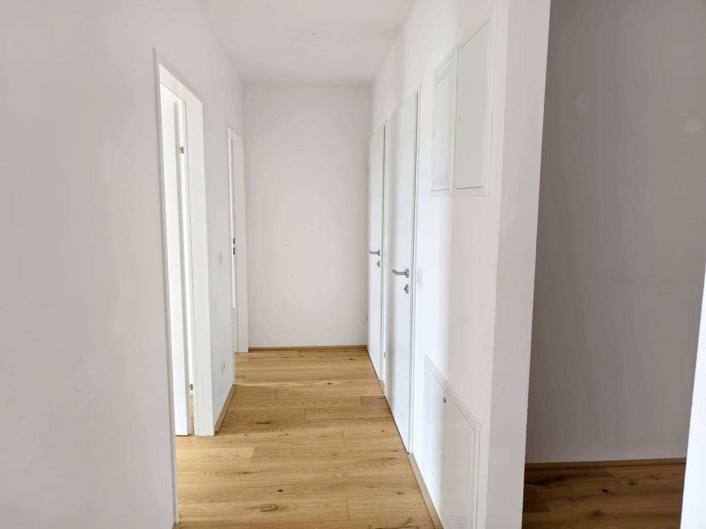 Heller Flur mit Holzboden und mehreren Türen, die zu den Zimmern führen.
