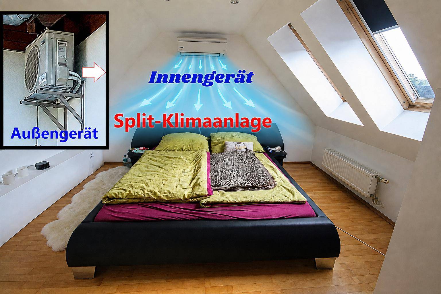 Schlafzimmer im Dachgeschoss mit Klimaanlage, Dachfenstern und Holzboden.