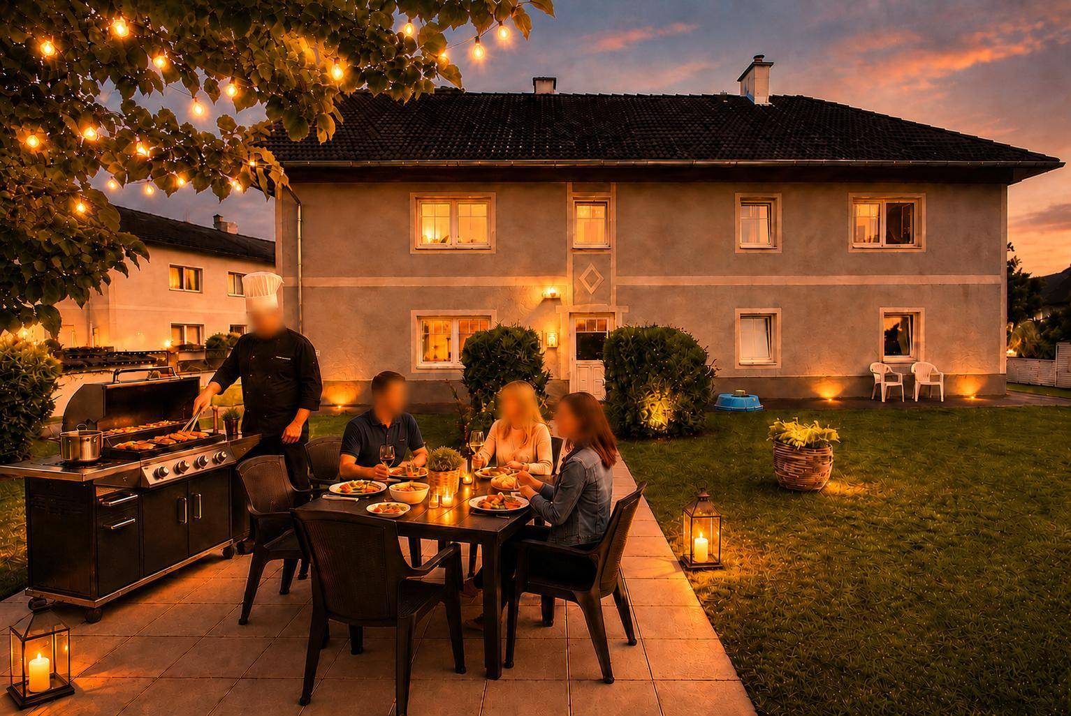 Gemütlicher Gartenbereich mit Grillplatz, Esstisch und Lichterkette am Abend.