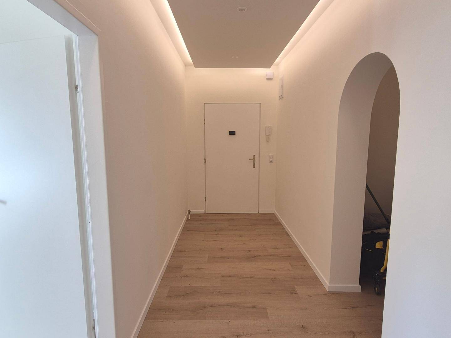 Moderner Eingangsbereich mit Laminatboden, indirekter Deckenbeleuchtung und weißer Tür.