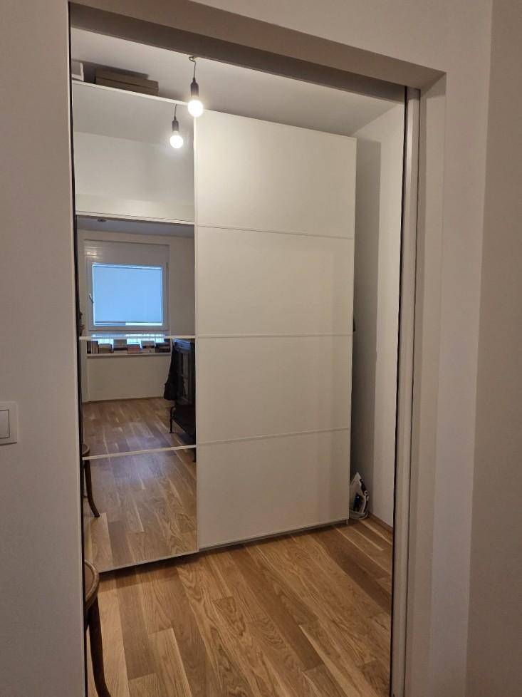Flur mit großem Spiegelschrank und hellem Holzboden.
