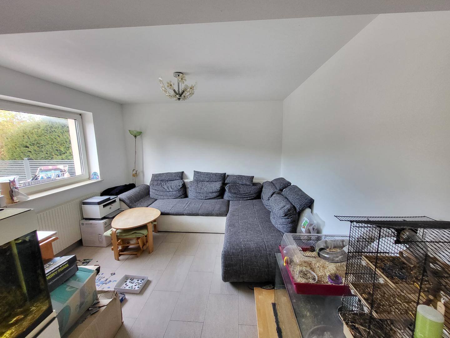Wohnzimmer mit großem Ecksofa, hellem Fenster und gemütlicher Atmosphäre.