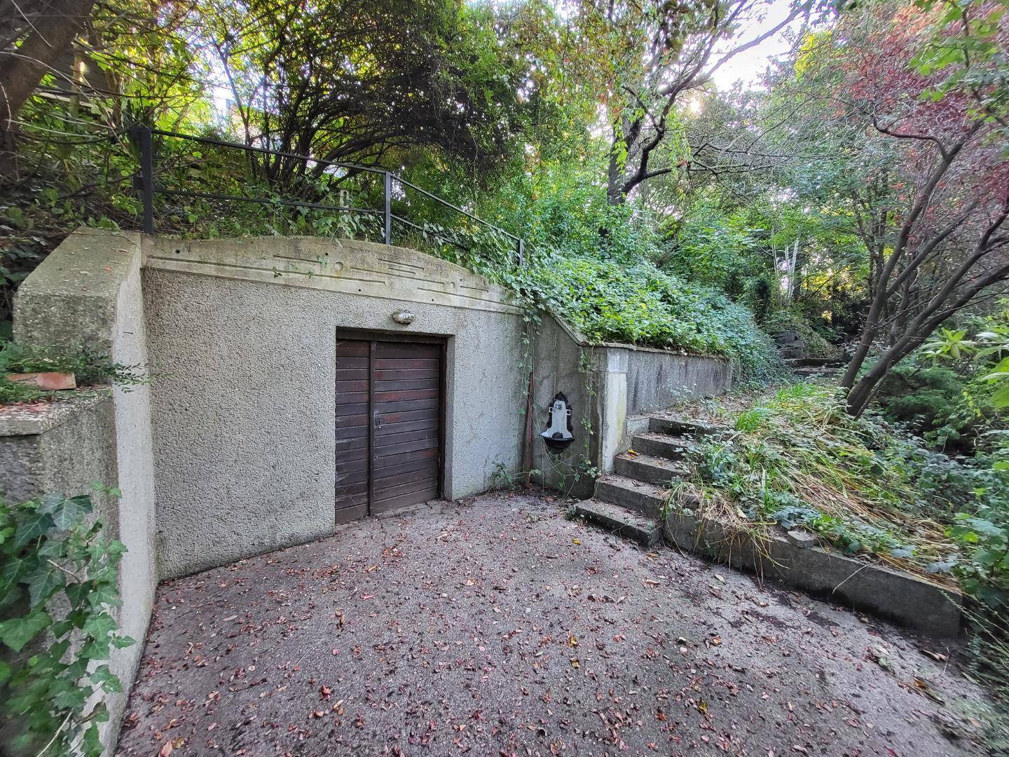 Äußerer Zugang zum Keller, eingebettet in einen bewachsenen Hang mit Steintreppe.