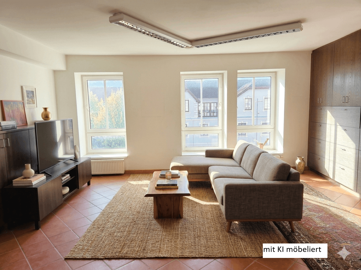 Gemütliches Wohnzimmer mit moderner Couch, Teppich und Einbauschränken, hell durch große Fenster.