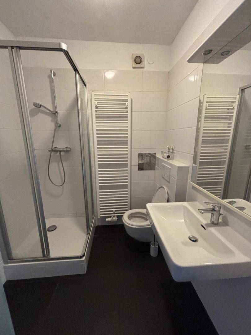 Helles Badezimmer mit Duschkabine, WC, Waschbecken und beheiztem Handtuchhalter.