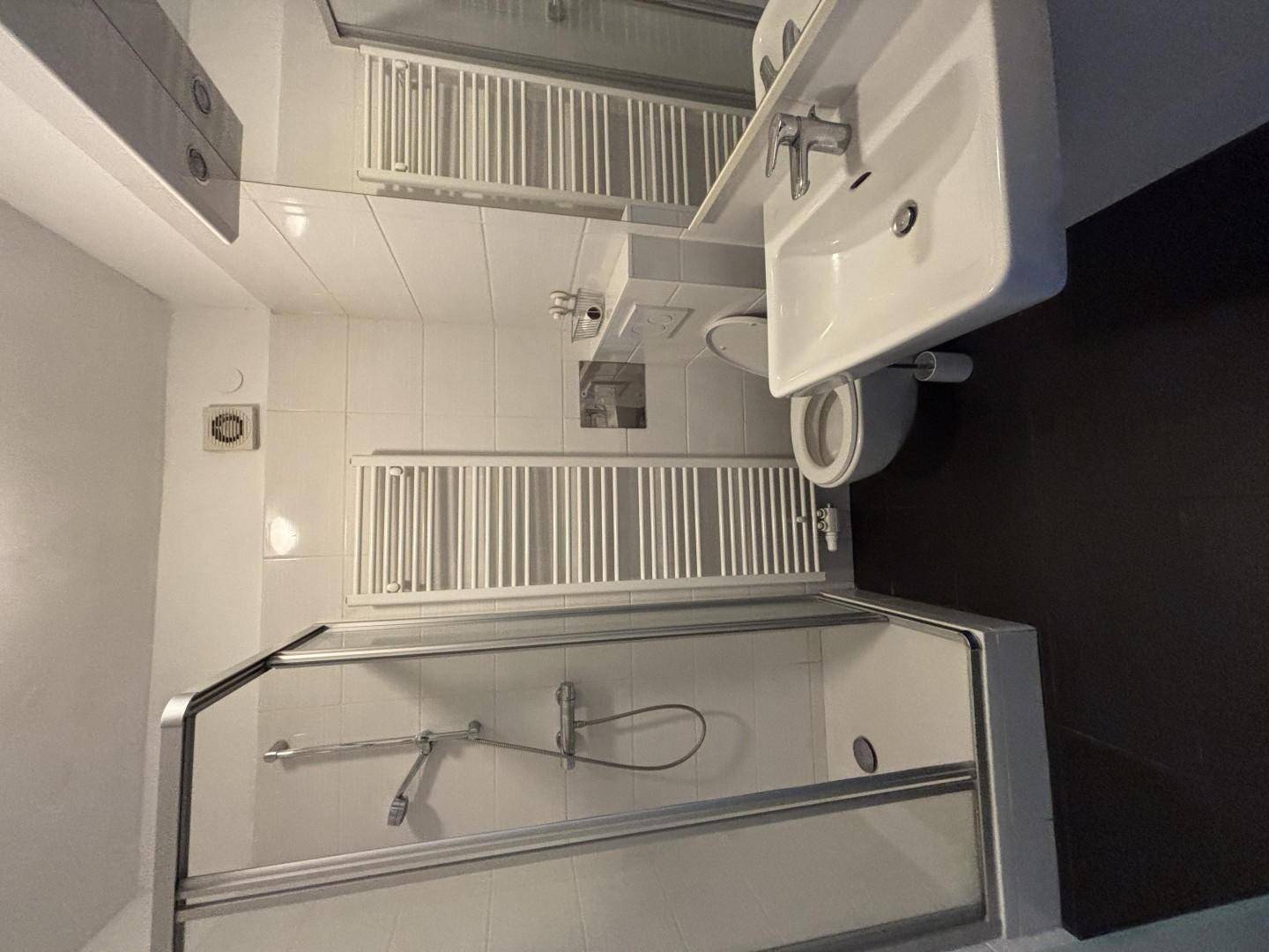 Modernes Badezimmer mit Duschkabine, WC, Waschbecken und Handtuchheizkörper.