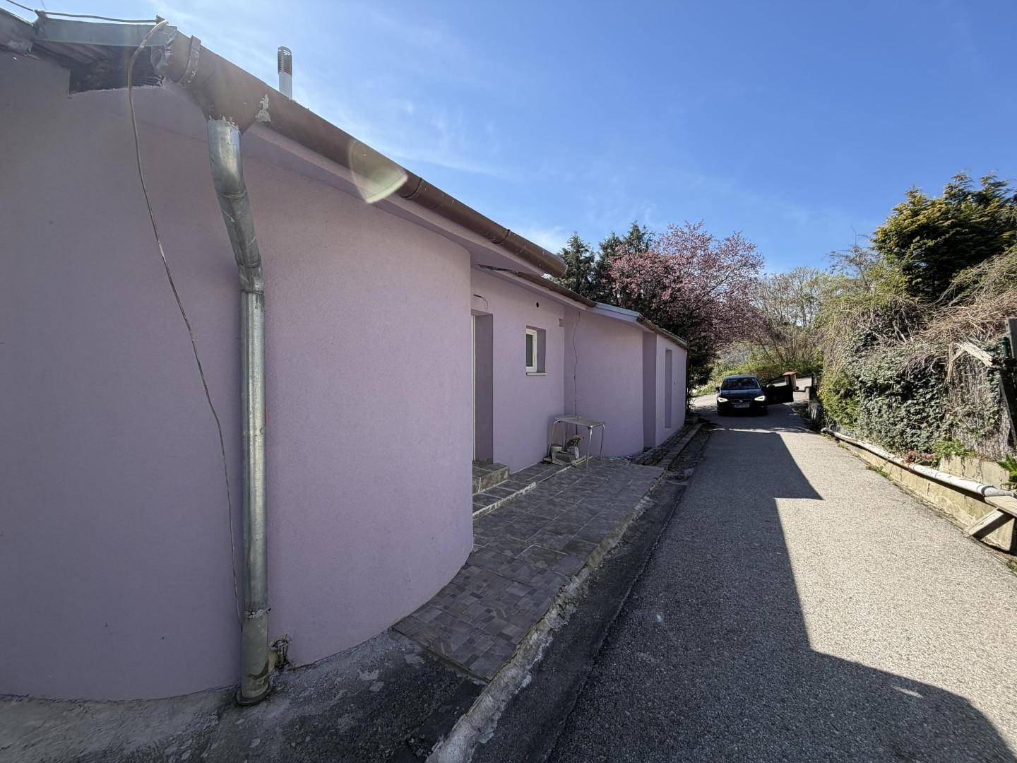 Seitenansicht des Hauses mit lila Fassade und einem gepflasterten Weg.