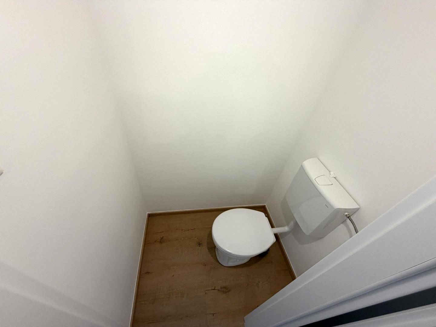 Kleines WC mit einfacher Toilette und hellem Holzboden.