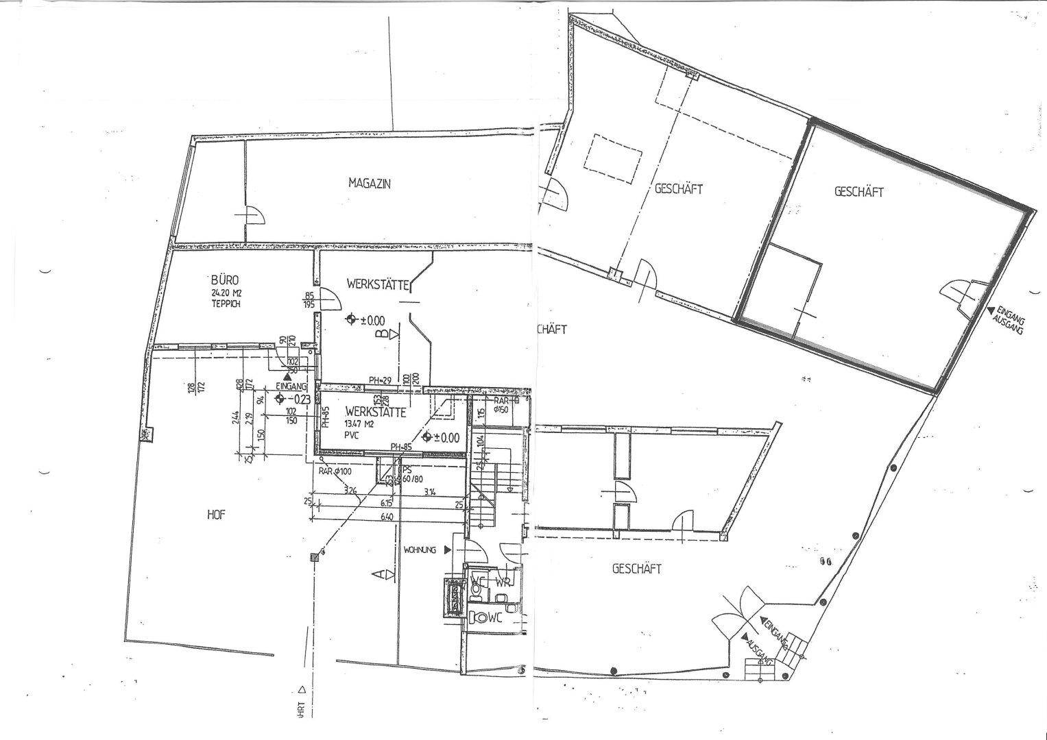 Grundriss des Erdgeschosses mit Geschäftsflächen, Werkstätten, Büro und Hofbereich.